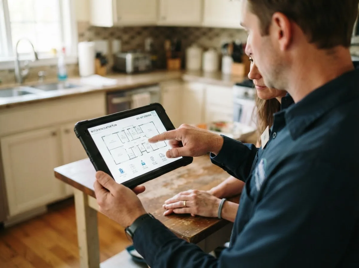 Water damage restoration technician inspecting a home in Cusseta, AL